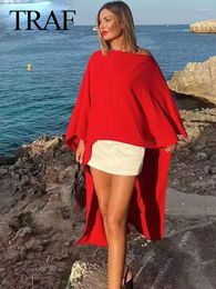 Women's Blouses 2024 Fashion Loose Satin Dress Red White O Neck Dolman Long Sleeve Versized Asymmetric ChicCape Mujer Vestidos