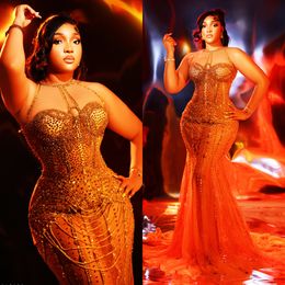 2024 Gold Plus Size Prom Dresses for Special Occasions Promdress Halter Illusion Rhinestones Decorated Birthday Party Dress Beading Tassel Reception Gowns AM894