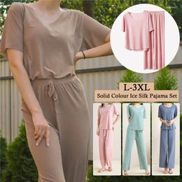 Home Clothing Ice Silk Short Sleeve Loose-fit Pajama Set For Women Girls Homewear Suit Breathable Thin Fabric Solid Comfortable Sleepwear