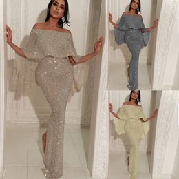 Full Sequins Reflective Mermaid Blue Prom Dresses Beads off shoulder Long Sleeves Evening Gowns With Tassels Sweep Train Formal Party D 2652