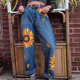 Women's Jeans Women Printed Washed Sunflower Denim Long Wide-Leg Pants For