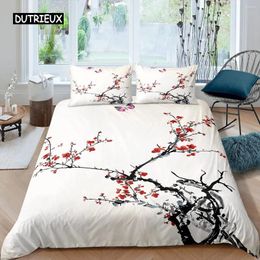 Bedding Sets Plum Blossom Duvet Cover Set Red Flower Floral Comforter For Girls Teens Microfiber Butterfly Branches Printed