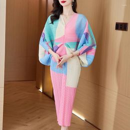Casual Dresses 2024 Fashion Summer Pleated Batwing Sleeve Midi Dress Miyake Women V Neck Colour Block Pink Print Elastic Bodycon Party