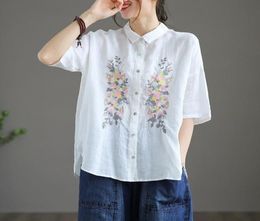 Women039s Blouses Shirts Literary Retro Embroidered Cotton Linen Top Ladies Loose Shirt Solid Color Short 2022 Summer Lapel T4105877