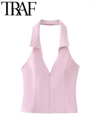 Women's Tanks Y2K 2024 Summer Zipper V Neck Sleeveless Backless Slim Female Halter Crop Top Short Vest Street