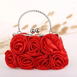 Storage Bags Rose Flower Silk Handbag Metal Chain Shoulder Bag Bridal Clutch Wedding Evening Party Ladies Crossbody Women Purses