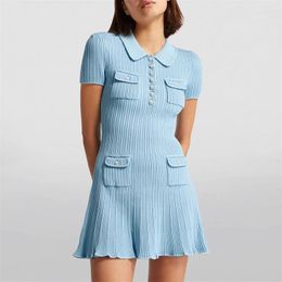 Casual Dresses 2024 Spring/Summer Polo Neck Short Sleeve Knitted Dress Y2K Fashion Commuter Elastic Slim Fit Multi Pocket Wrapped Hip Skirt