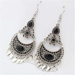 Dangle Earrings 1 Pair Vintage Antique Silver Plated Black Oil Drip Moon Leaf Tassel Drop Women's Bohemian Jewellery