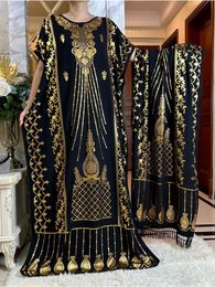 Ethnic Clothing 2024Newest Summer Abaya Dress Short Slve Cotton Loose Dress With Big Scarf Gold Stamping Boubou Maxi Islam Women Clothing T240510