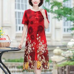 Party Dresses Commute Vintage Printed Folk Summer Short Sleeve Women's Clothing Chic Chinese Disc Buckle Casual Round Neck Midi Dress