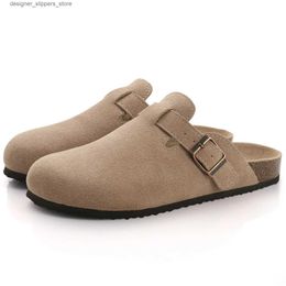 Slippers YEAA womens fashionable suede mule slider with arch support solid Colour mens Clogs cork trimmed sandals outdoor mule shoes Q240511