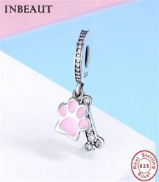 S925 Cute Bear Paw Charm fit P Bracelet 925 Sterling Silver Pink Animal Footprint Pendant Beads Wholesale European Jewelry2731617