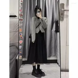 Work Dresses Woment Korean Short Grey Coat Dress Suit Autumn Female Slim Fit Polo Top Knitted Splice Black Long Skirts Winter Two Piece Set