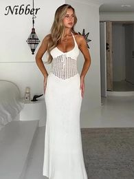 Casual Dresses Nibber Knitted Crochet Women's Maxi Dress Elegant See Through Halter Low Neck Backless Vestidos Female Concise Solid