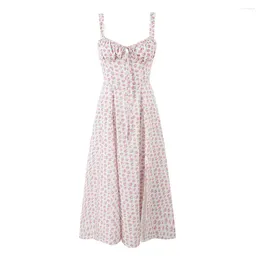 Casual Dresses 2024 Spring/Summer Women's Countryside Fragmented Flower Drawstring Tie Waist Split Vacation Sling Dress