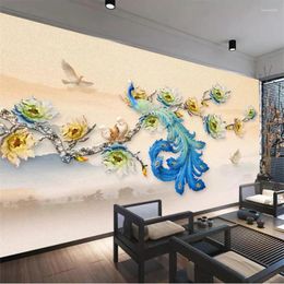 Wallpapers Wellyu Custom Wallpaper 3d Mural Modern Minimalist Chinese Embossed Floral Peacock TV Background Wall Papel De Parede