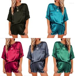 Home Clothing Women's Solid Color Imitation Silk Pajamas Short-Sleeved Shorts Irregular Two-Piece Suit Homewear Set
