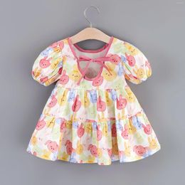 Girl Dresses Girls' Summer Bubble Sleeve Dress Children's AOP Print Back Lace Up Bow Tie Short Princess