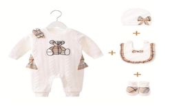 4Pcs Sets For Newborn Baby Girls Plaid RompersHatsBibsShoes Spring Autumn Long Sleeve Onesies Cotton Toddler Cartoon Bear Jumps1106614