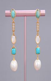 GuaiGuai Jewellery White Keshi Pearl shell Blue Turquoise Amazonite Drop Stud Earrings Handmade For Women Real Gems Stone Lady Fashi6082429