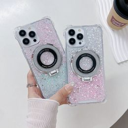 Ring Holder phone case Gradient Bling Glitter iPhone case Clear Plating Holder Bracket Magnet Case For iPhone 11 12 13 14 15 Pro Max Plus Soft Silicone Cover