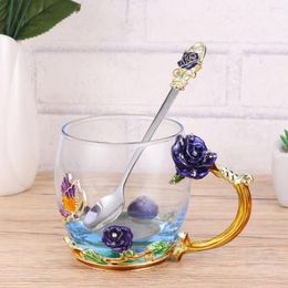 Cups Saucers Rose Color Enamel Water Glass Flower Tea Cup Coffee Mug With Handle And Spoon (Blue)