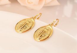 Mother Virgin Mary Necklace Earrings Set Yellow Solid Fine Gold GF Catholic Religious Country Set Gift For Women7309726