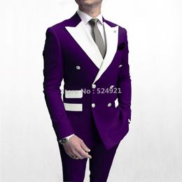 Double Breasted Men Suits Purple and White Groom Tuxedos Peak Lapel Groomsmen Wedding Prom Best Man 2 Pieces Jacket Pants Tie L581 214m