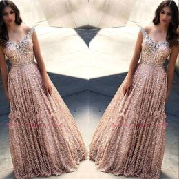 Rose Gold Off The Shoulder Sequins A Line Long Prom Dresses Beaded Stones Floor Length Formal Party Wear Gowns BC1588 3115