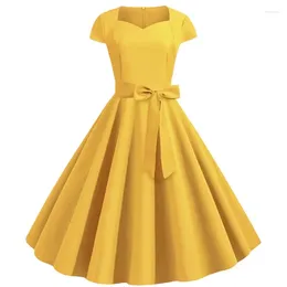 Party Dresses Solid Yellow 50s 60s Vintage Dress 2024 Summer Women Short Sleeve Square Collar Elegant Office Sundress Belt