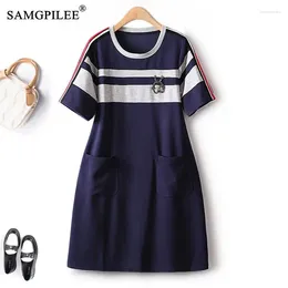 Party Dresses College Style Summer In 2024 Loose Casual Stripes Hit Color Diamond Short Sleeve Chic Elegant Female Dress