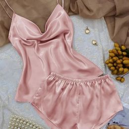 Womens ice silk pajama set Camisole shorts pink black blue M L XL V-neck low cut smooth casual summer 240511