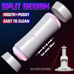 Hand Free Male Masturbator Cup Vaginal Oral Sex Dual Channel Vibrating Masturbation Mouth Blowjob Toys for Men 240423