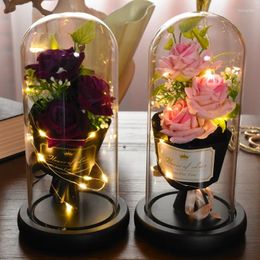 Decorative Flowers LED Eternal Rose Flower With String Lights In Dome For Home Decoration Christmas Valentine's Day Gift