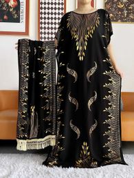 Ethnic Clothing 2023 Summer Short slve Dress Pure Cotton Gold Stamping Loose Abaya Maxi Islam Dress with Tassels Big Scarf African Long Dress T240510