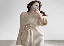 Korean Knitting Sweater Dresses Gentle One Shoulder Long Skirt French Design Sense Of Knitted Long Sleeve Dress Women039s Y10159581931