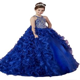 Luxury Royal Blue 2018 Girls Pageant Dresses Organza Ruffled Crystal Beads Princess Ball Gowns Kids Party For Wedding Flower Girl Dress 295C