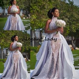 Plus Szie African Wedding Dresses with Detachable Train 2023 Modest High Neck Puffy Skirt Sima Brew Country Garden Royal Wedding Gown 217p