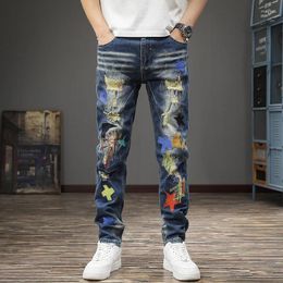 Men's Jeans Spring And Autumn Fashion Washed Embroidered Pants Men Slim Feet Personality Beggar Patch Hole Straight Leg Tide