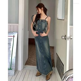Casual Dresses Fashion American Retro Backless Denim Dress Korean Temperament Wrap Hip Slim-fit Long Skirt Women 2024 Summer