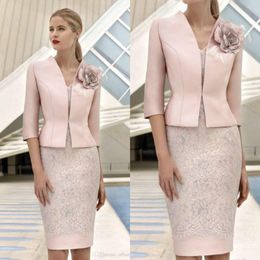 Elegant 3D Flower Pink Mother Of The Bride Dresses With Jacket Lace Applique Beaded Wedding Guest Dress Knee Length Formal Party Gowns 219T