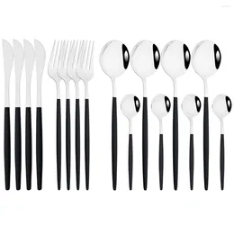 Dinnerware Sets Luxury 16Pcs Black Silver Cutlery Set Knife Fork Tea Spoon Stainless Steel Flatware Western Kitchen Tableware