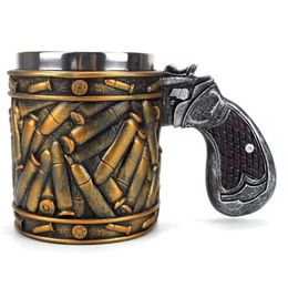 Mugs Novelty Revolver Pistol Handle Cup Beer Coffee Gun Mug Handmade Tankard Wine Stein Drinking Stainless Steel Retro 260D