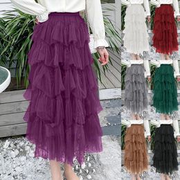 Skirts 2024 Spring Mesh Tutu Skirt Ladies Elastic High Waist Long Tulle Women Fashion Multilayer Ruffles Faldas