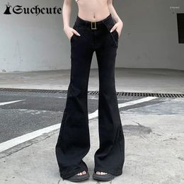 Women's Jeans SUCHCUTE Korean Fashion Solid Women Low Waist Casual Cargo Denim Trousers Streetwear Belt Black Straight Pant Summer 2024