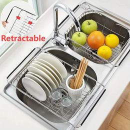 Kitchen Storage Retractable Drain Rack With Adjustable Armrest Stainless Steel Dishes Sink Strainer Basket