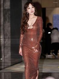 Casual Dresses Sexy V Neck Lace-up Long Sleeves Sequins Maxi Dress Women Luxury Brown Sequin Bodycon Elegant Evening Party Club Dres