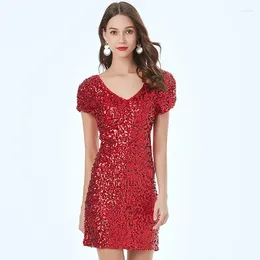 Party Dresses Womens Sexy Short Sleeve Bodycon Mini Club Dress V Neck Back Stretchy Tight Nightout Sequin Dance Costumes