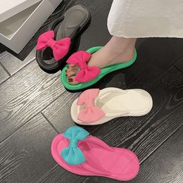 EVA Slippers With Cute Bow Pink Green Rubber Flats Flip Flops For Womens Ladies Girls Summer Sandals Beach Room Shoes Trend 771