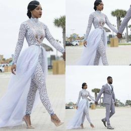 Gorgeous Jumpsuits With Detachable Train Wedding Dresses High Neck Beads Crystal Long Sleeves Modest Wedding Dress African Bridal Gowns 243e